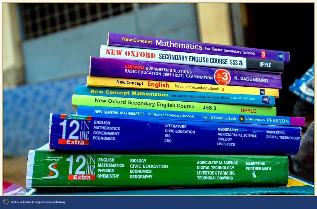 A stack of donated junior and senior secondary school textbooks
